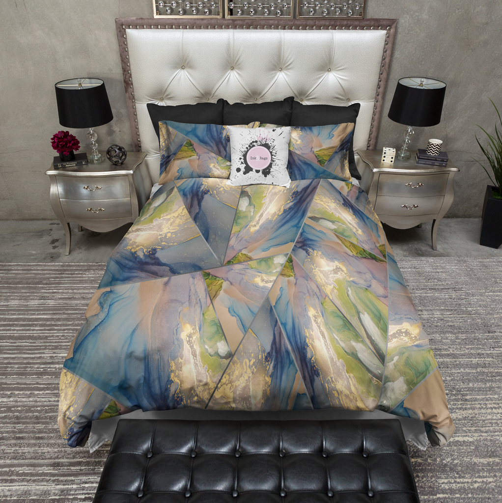 Blue Green Gold Geometric Stained Glass Bedding Collection