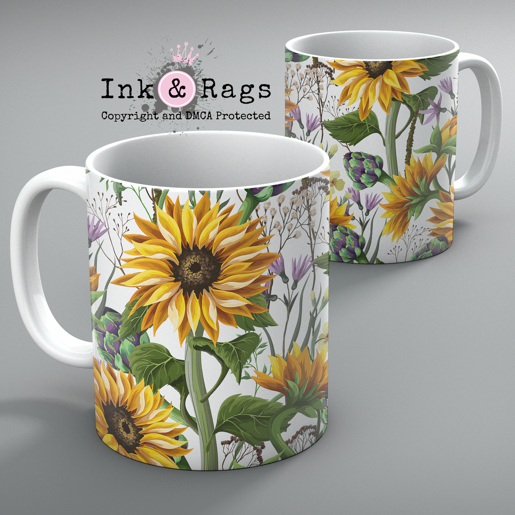 Sunflower and Artichoke on White Mug Set of 2