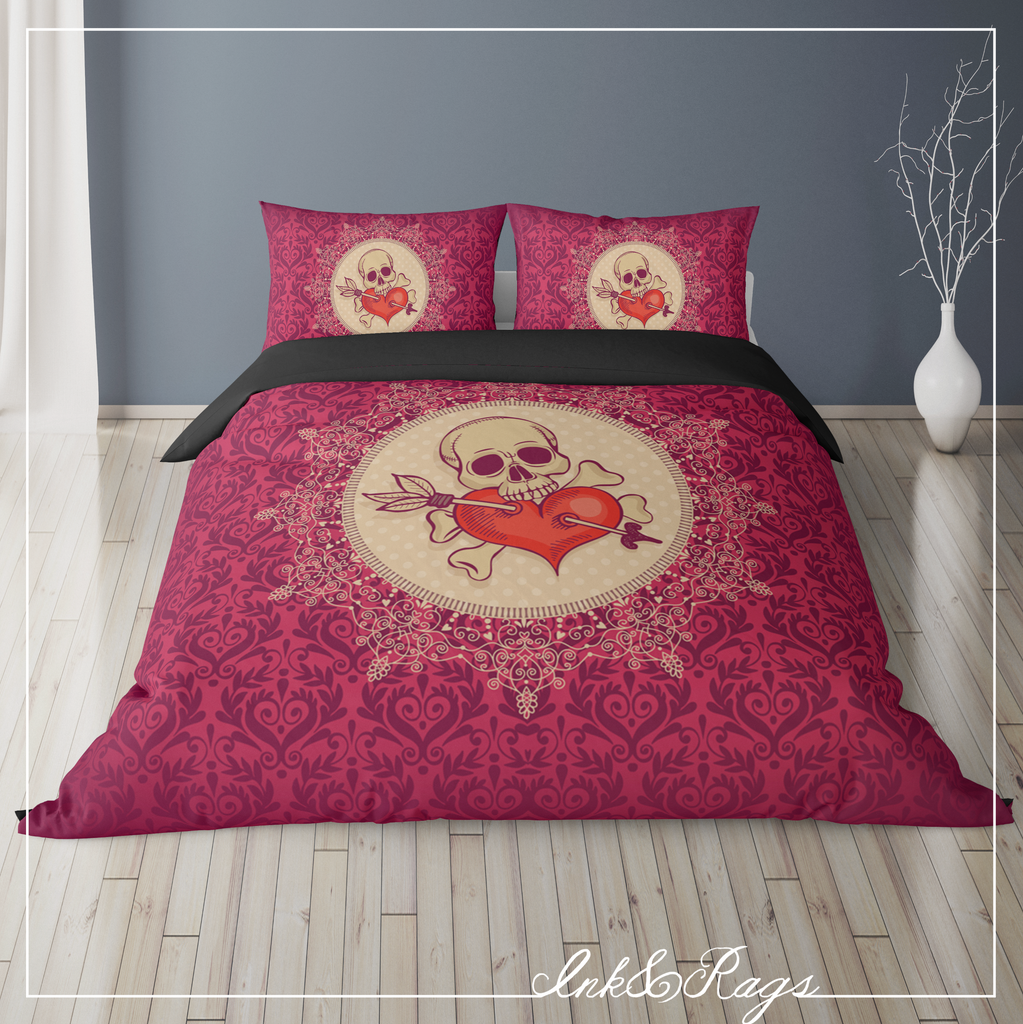 IN STOCK SAMPLE Red Damask and Lace Medallion Heart Skull - 3 Piece King Duvet Cover Set