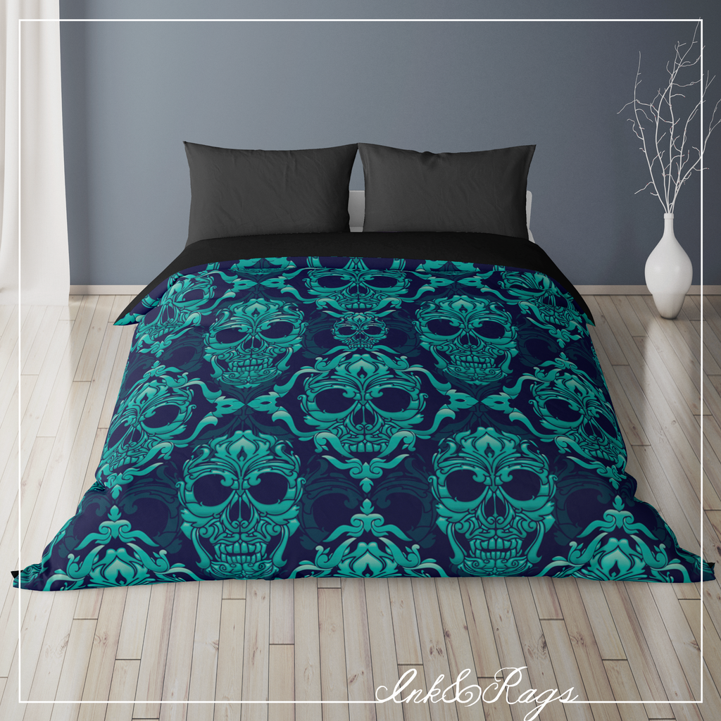 IN STOCK SAMPLE Skull Damask and Lily REVERSIBLE - Queen Comforter