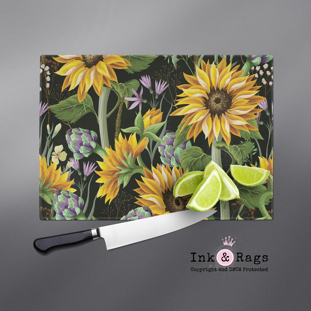 Sunflower and Artichoke on Black Cutting Boards