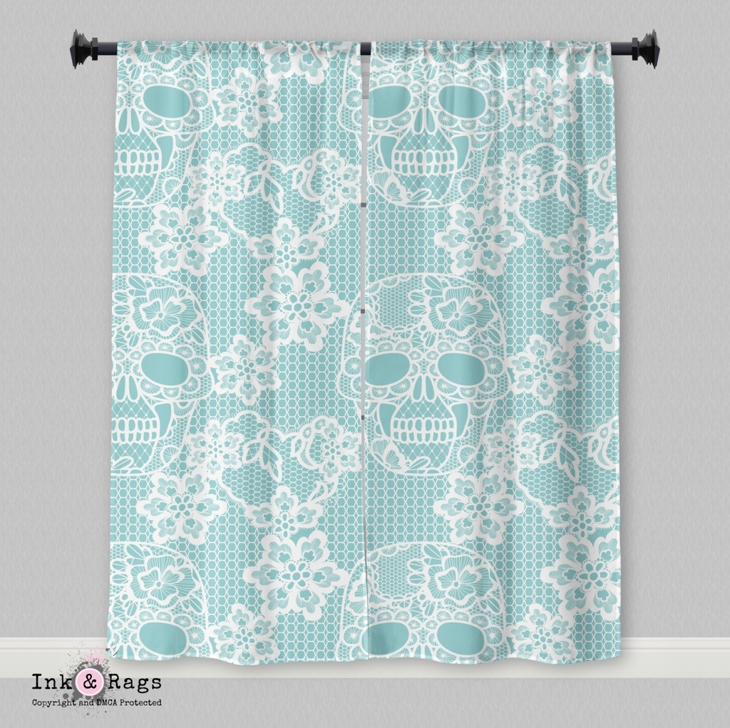 IN STOCK SAMPLE Ice Blue Lace Skull - 20 x 50 Curtain Panels, Set of 4