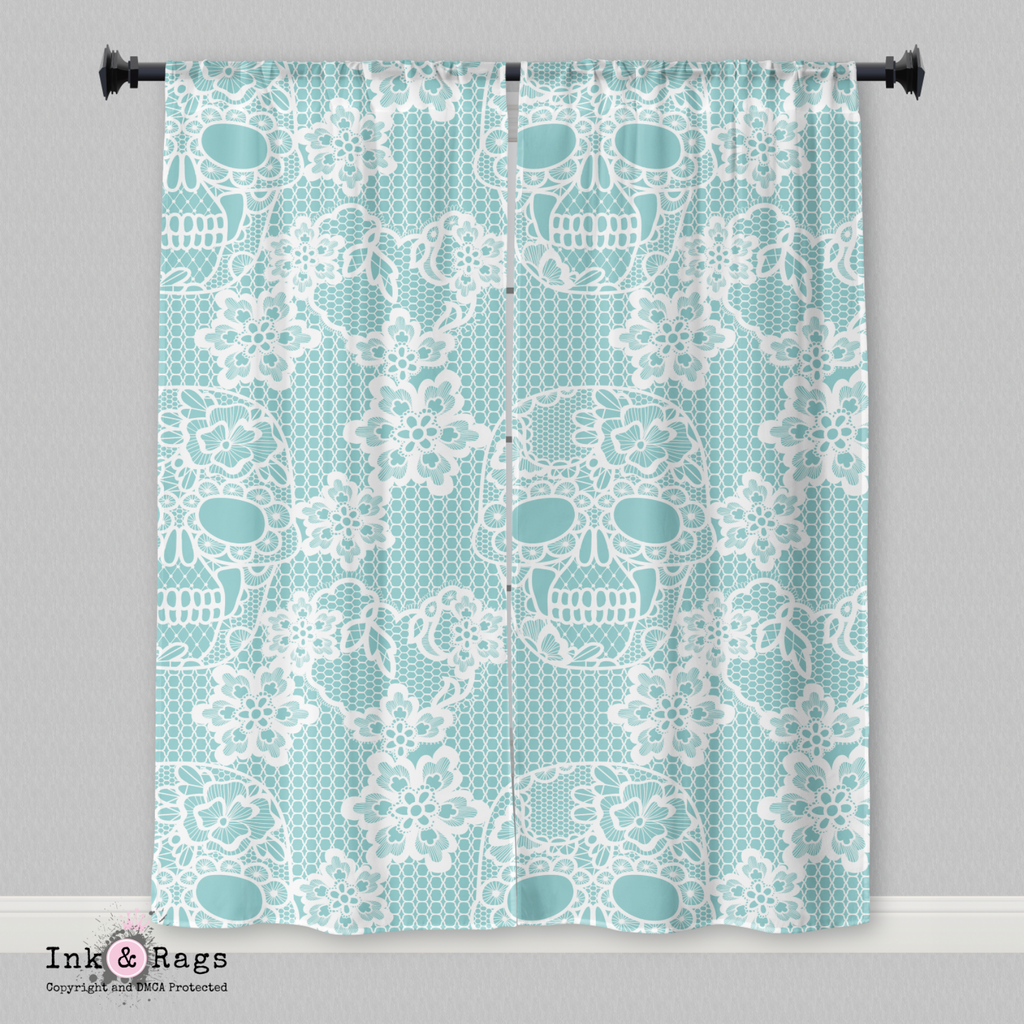 IN STOCK SAMPLE Ice Blue Lace Skull - 20 x 50 Curtain Panels, Set of 4