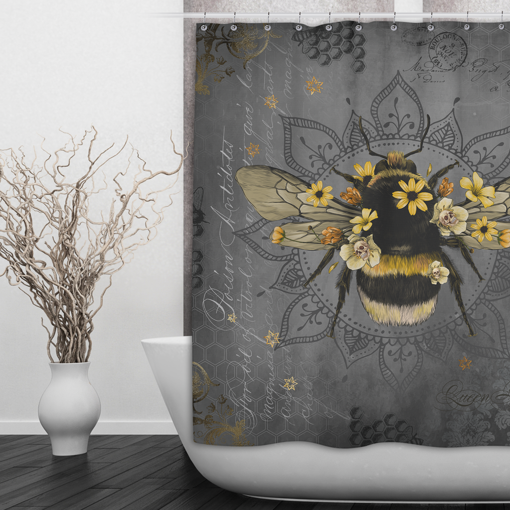 Poison Bee Mandala Skull Grey Shower Curtains and Optional Bath Mats