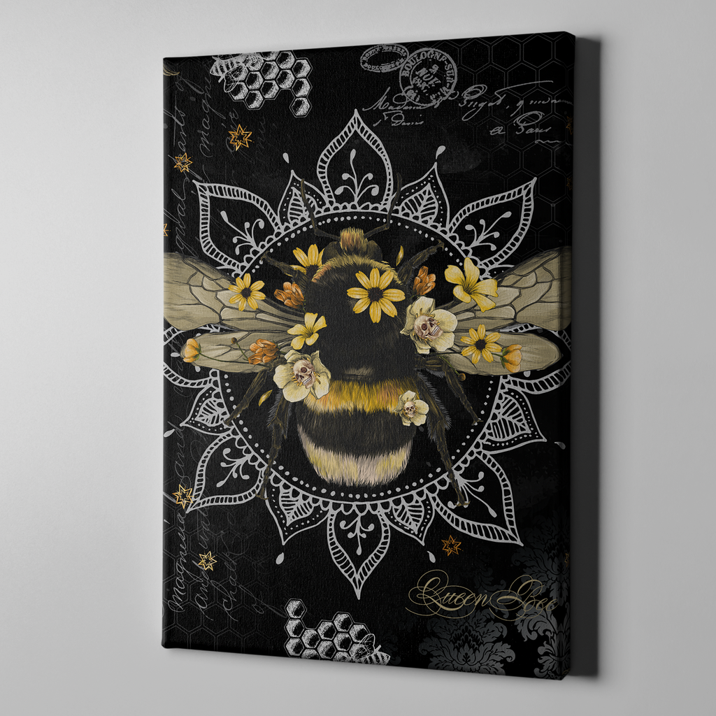 Poison Bee Mandala Skull Black Gallery Wrapped Canvas
