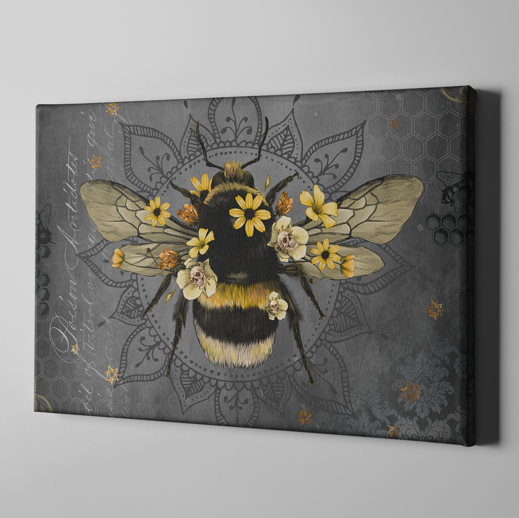Poison Bee Mandala Skull Grey Gallery Wrapped Canvas