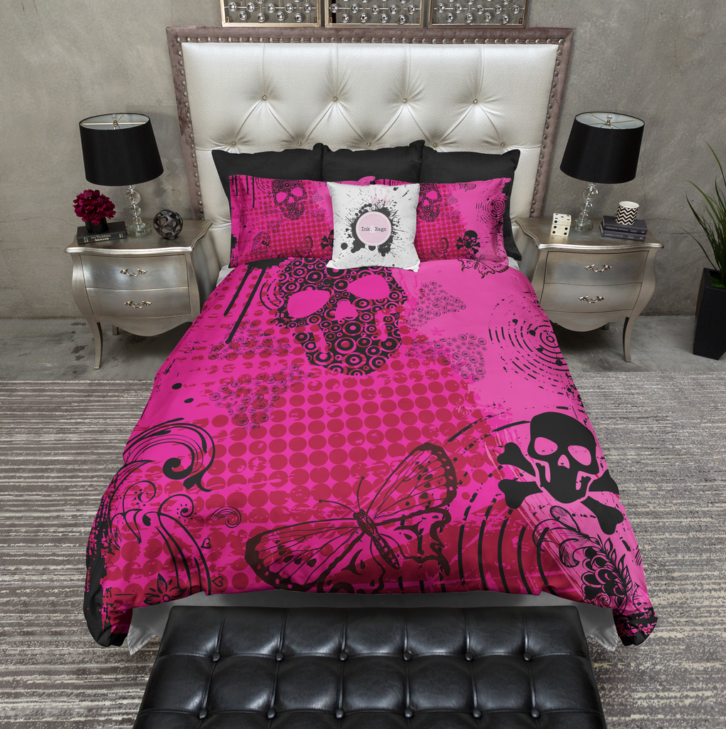Hot Pink and Black Butterfly and Skull Bedding Collection