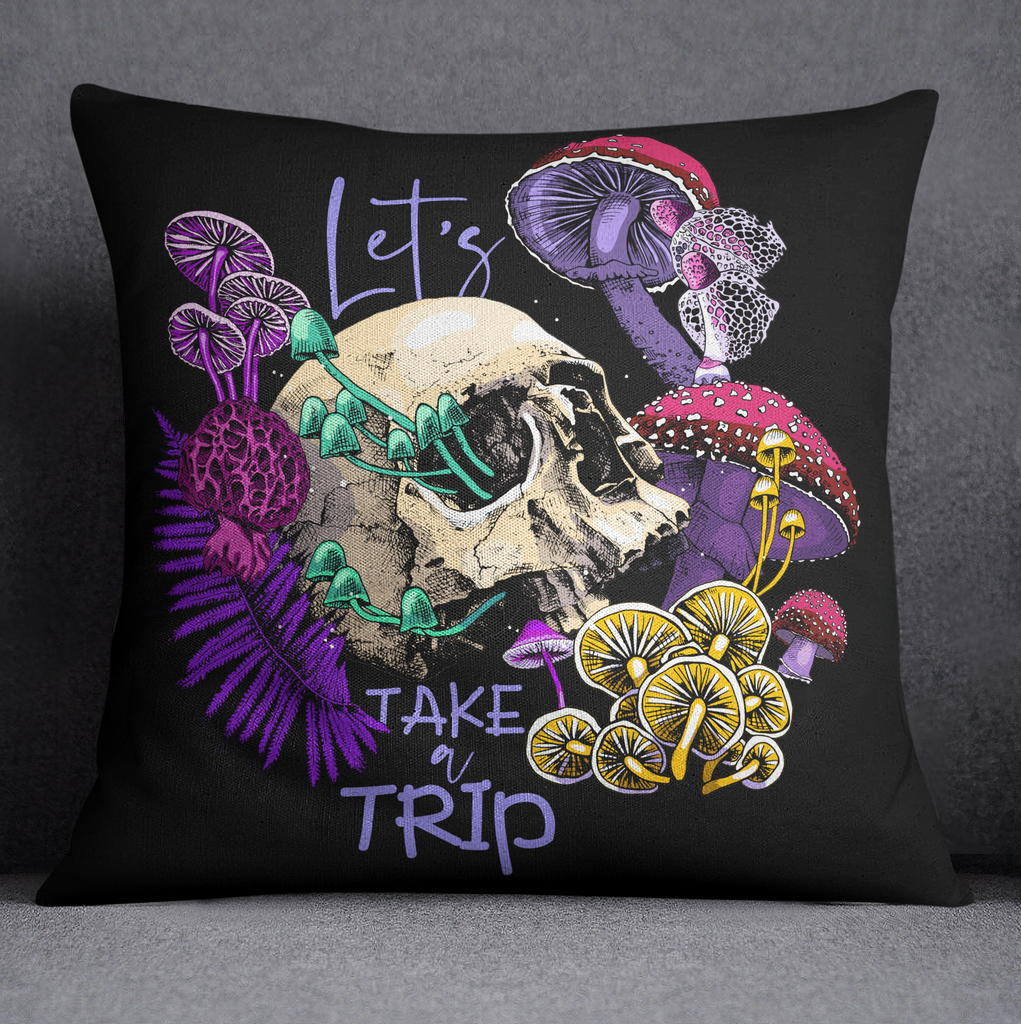 Lets Take a Trip Mushroom Skull Throw Pillow