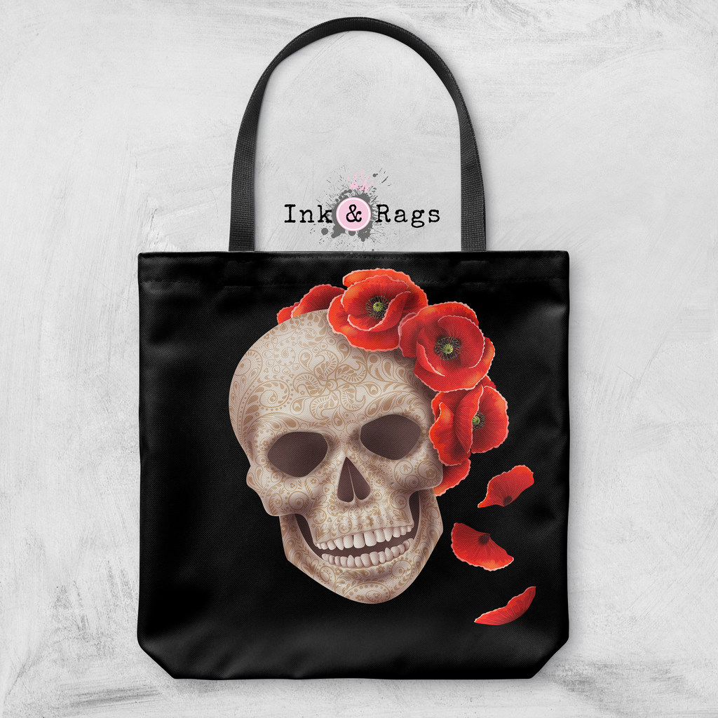 3D Henna Style Poppy and Skull Casual Tote