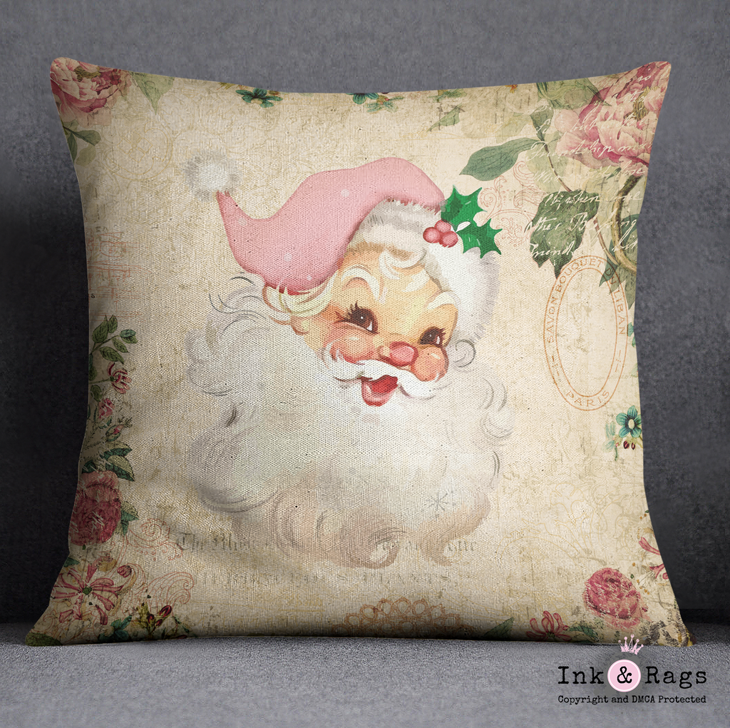 Shabby Chick Pink Santa Holiday Pillow