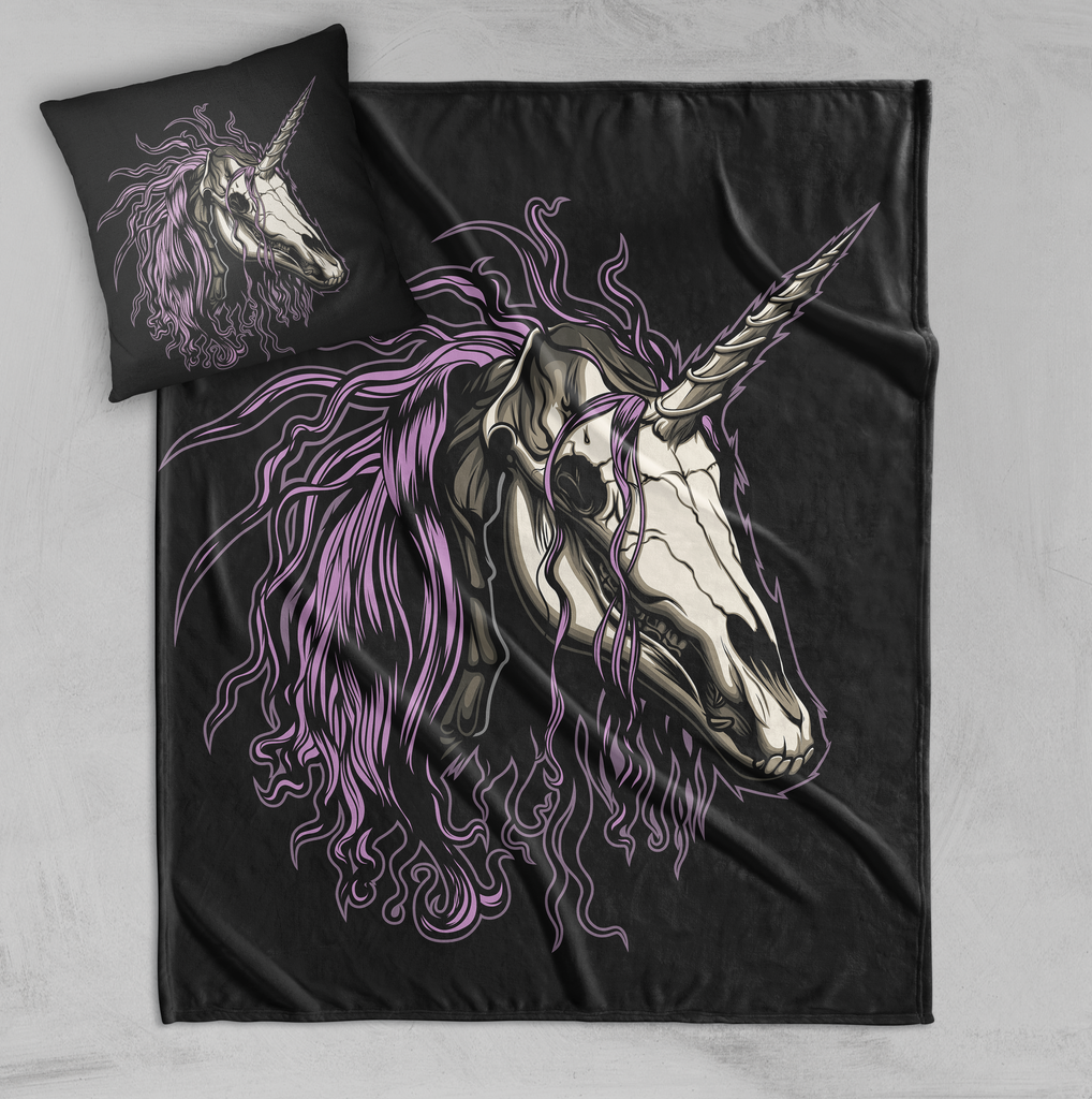 Purple Mane Wild Unicorn Skull Decorative Throw and Pillow Cover Set
