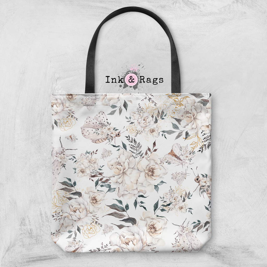 White Night Moth and Flower Casual Tote