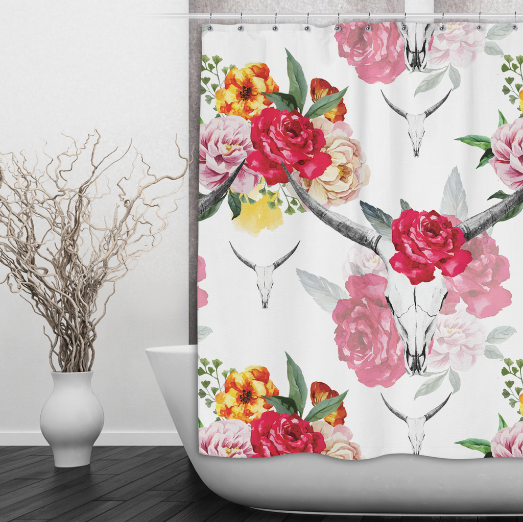 Bull Skull and Spring Flower Shower Curtains and Optional Bath Mats