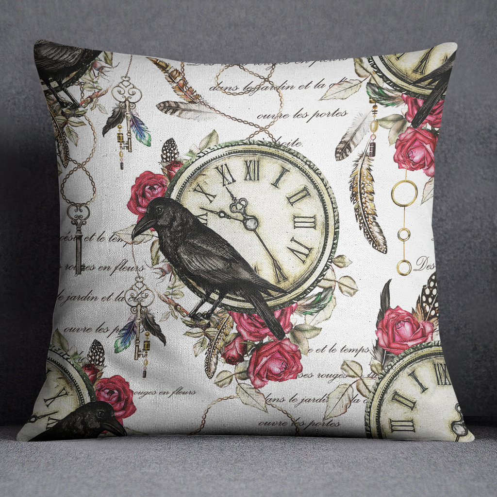 Vintage Red Rose Raven Clock Boho Feather Throw Pillow