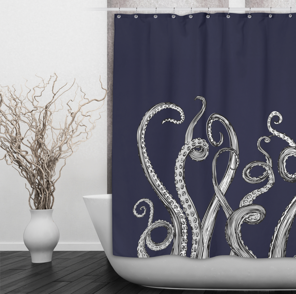 Navy Octopus WHITE Tentacle Shower Curtains and Optional Bath Mats
