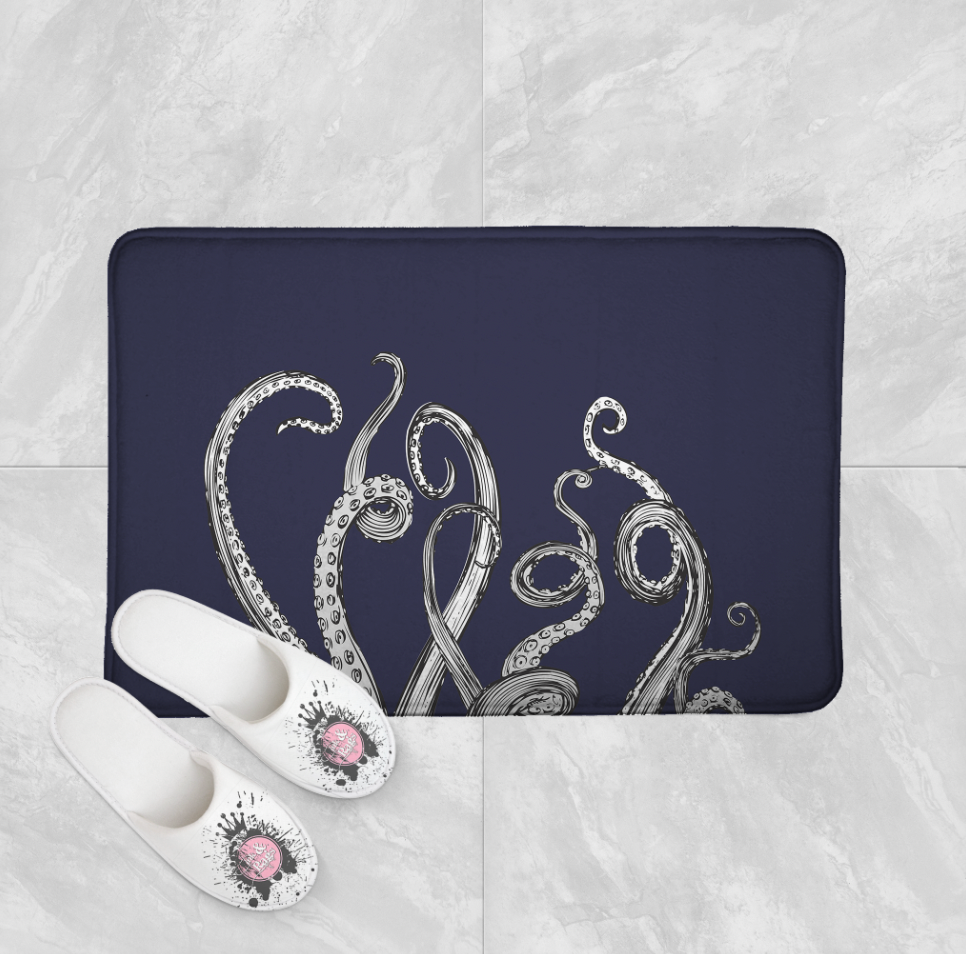 Navy Octopus WHITE Tentacle Shower Curtains and Optional Bath Mats