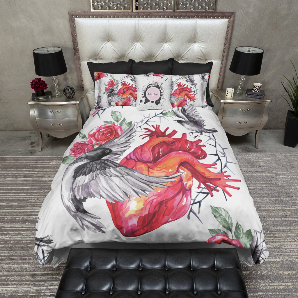 Watercolor Heart Rose and Raven Bedding Collection