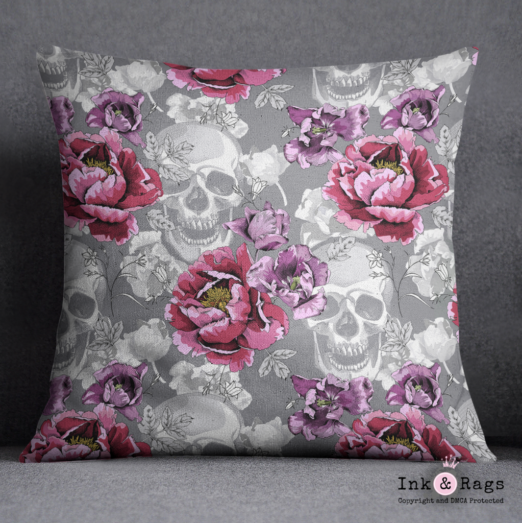 Violet Berry and Grey Tulip and Flower Skull Throw Pillow