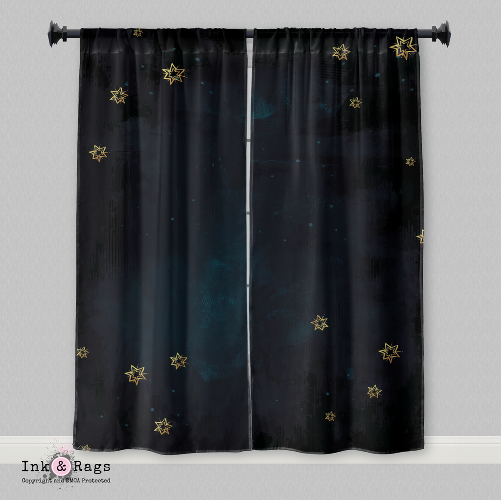 Boho Midnight Black Teal with Gold Stars Curtains