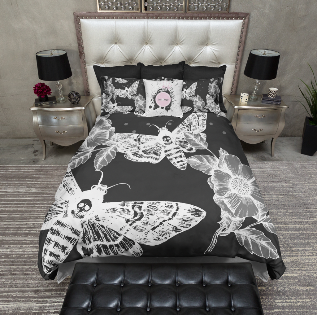 White on Black Death Moth and Flower Bedding Collection