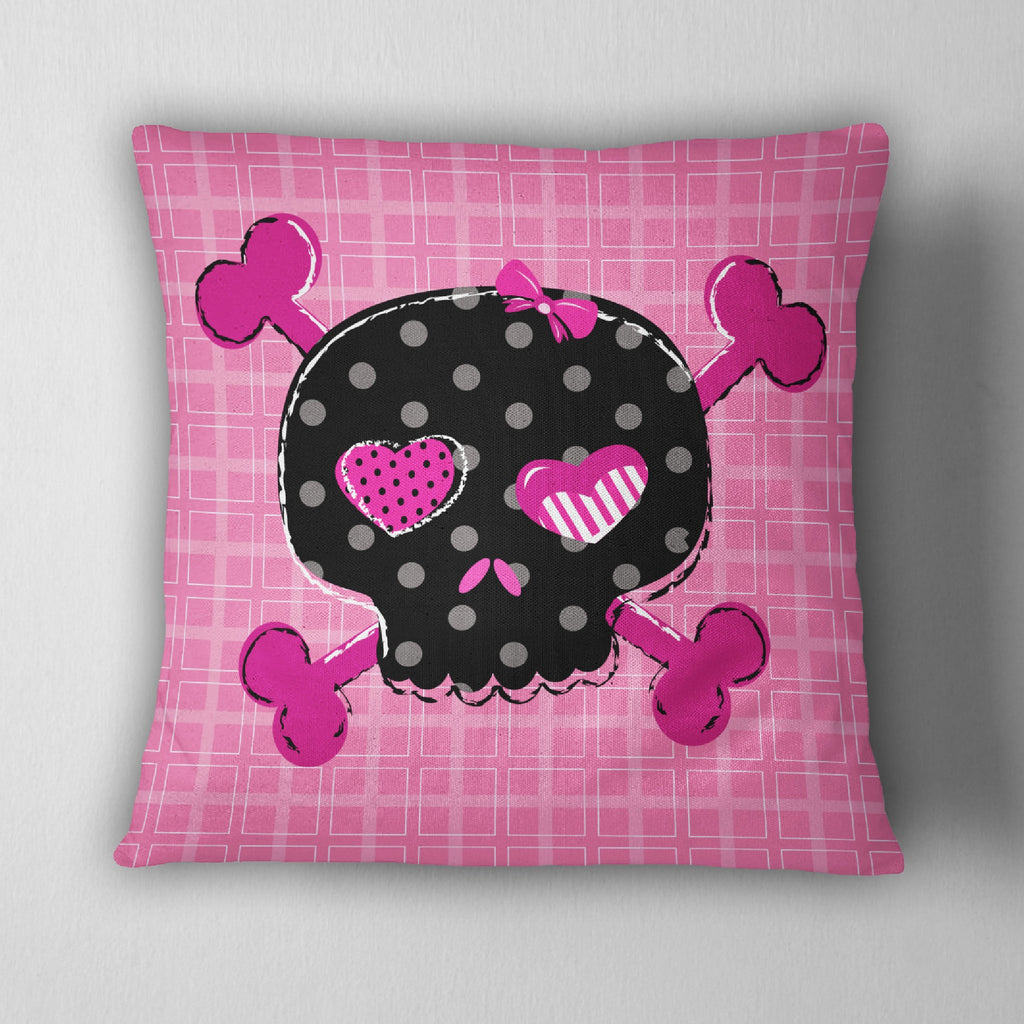 Hot Pink Plaid and Polka Dot Candy Skull Throw Pillow