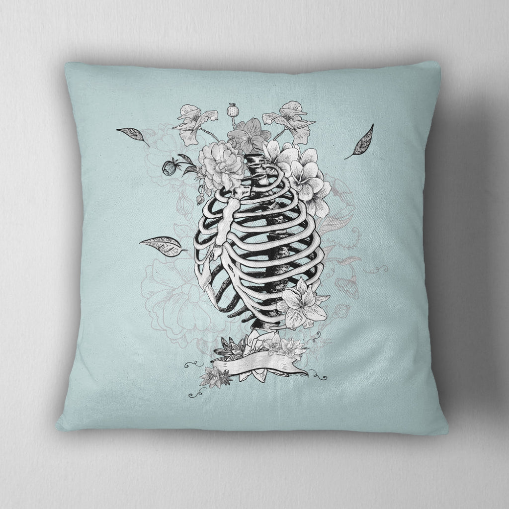 Ice Blue Floral Torso Skeleton Throw Pillow