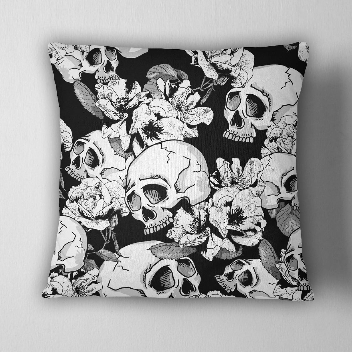 Black and White Flower Skull Throw Pillow Ink and Rags