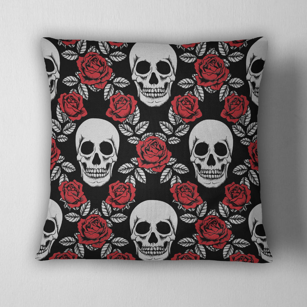 Red Rose and Silver Skull Throw Pillow