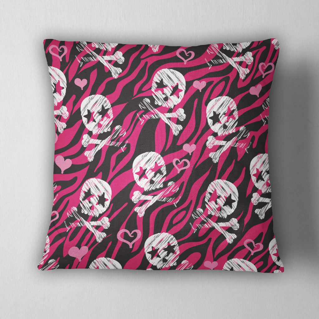 Hot Pink Zebra Rock Star Skull Throw Pillow