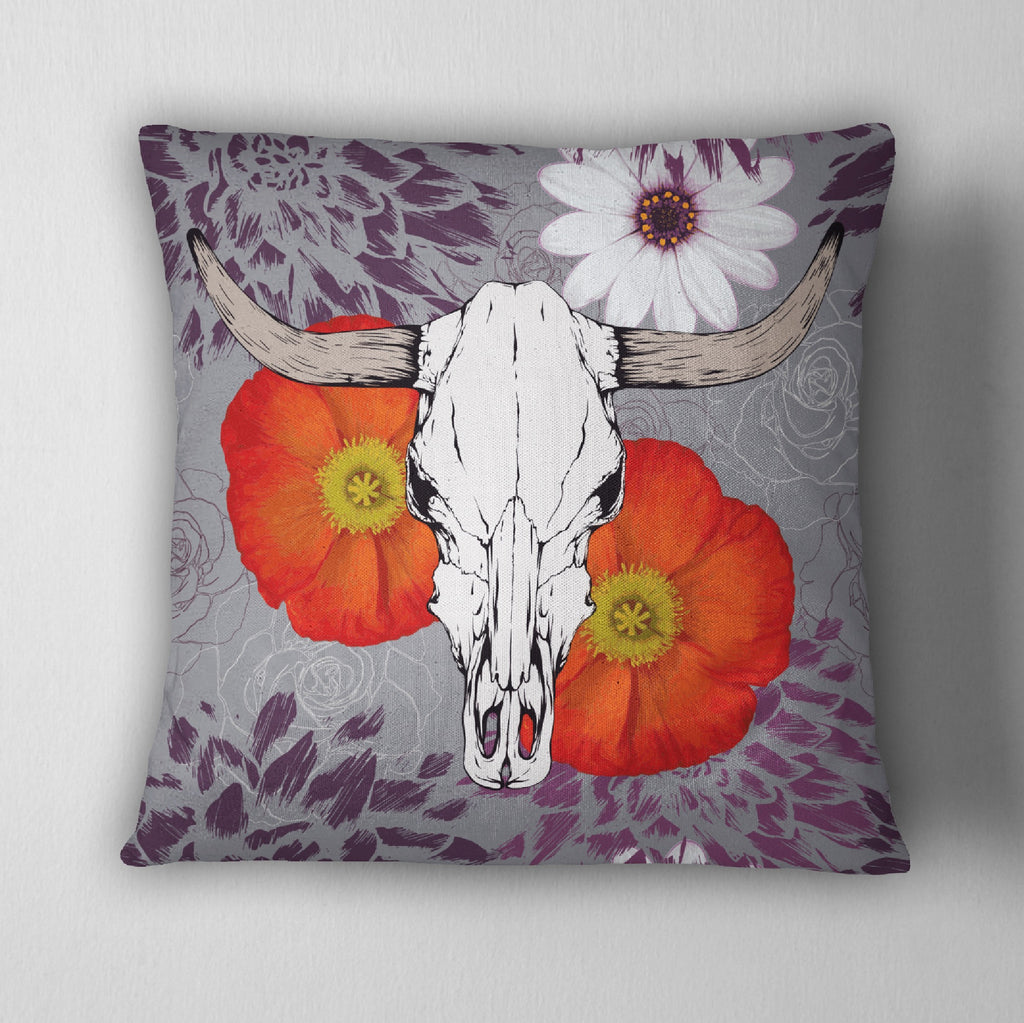 Purple Longhorn Skull with Poppy & Daisy Throw Pillow