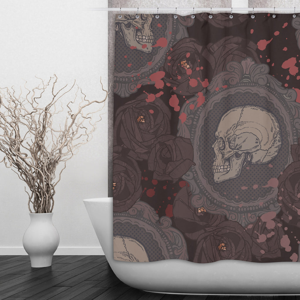 Cameo Skull Shower with Dark Roses Curtains and Bath Mats