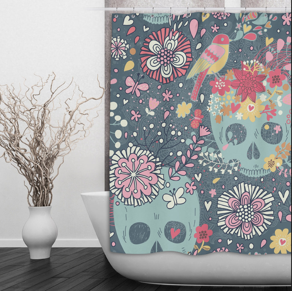 IN STOCK SAMPLE Sugar Skull with Woodland Flowers - 70 x 90 XLong Shower Curtain