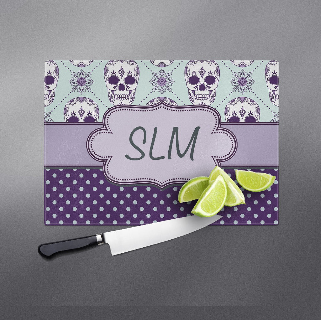 Ice Blue and Purple Dot Personalized Sugar Skull Cutting Boards