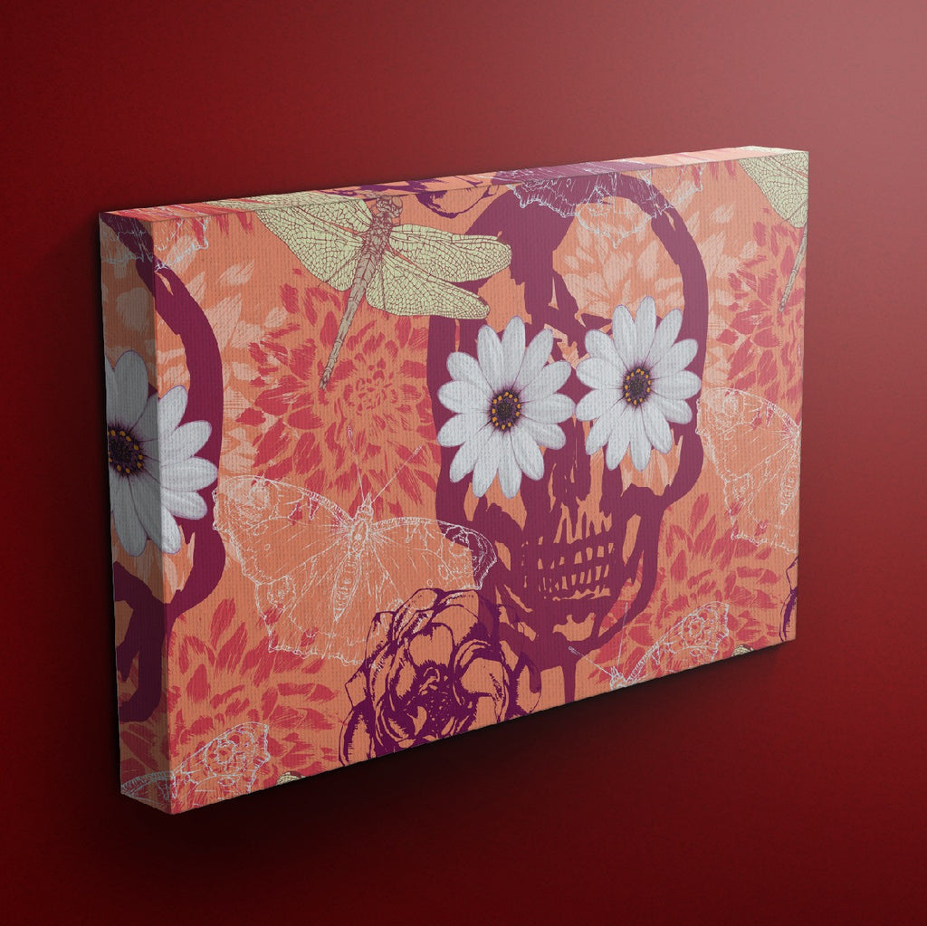 Tangerine Daisy Skull Gallery Wrapped Canvas