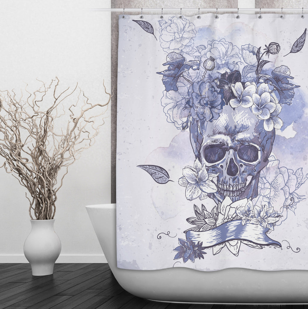 Purple Watercolor Floral Skull Shower Curtains and Optional Bath Mats