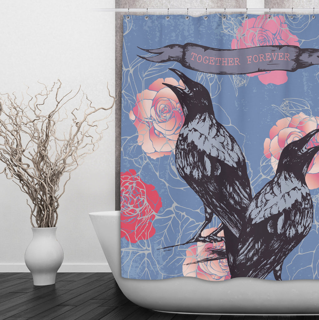 Black Bird Raven Crow Together Forever Shower Curtains and Optional Bath Mats