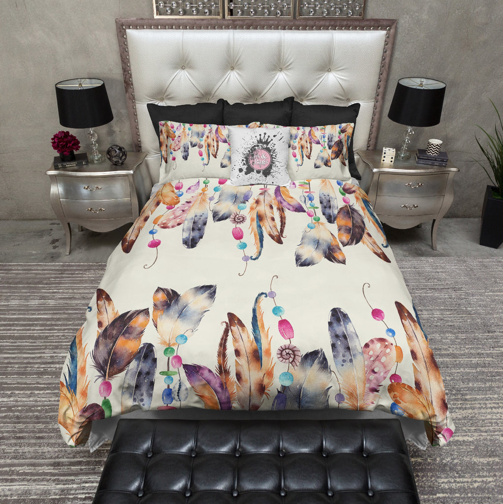Boho Watercolor Feather and Bead CREAM Bedding Collection