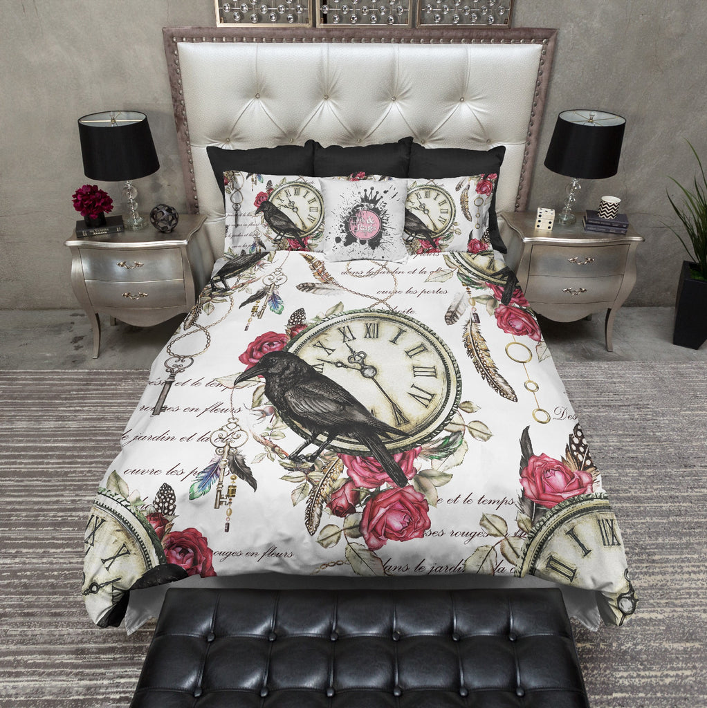 Vintage Red Rose Raven Clock Boho Feather Bedding Collection