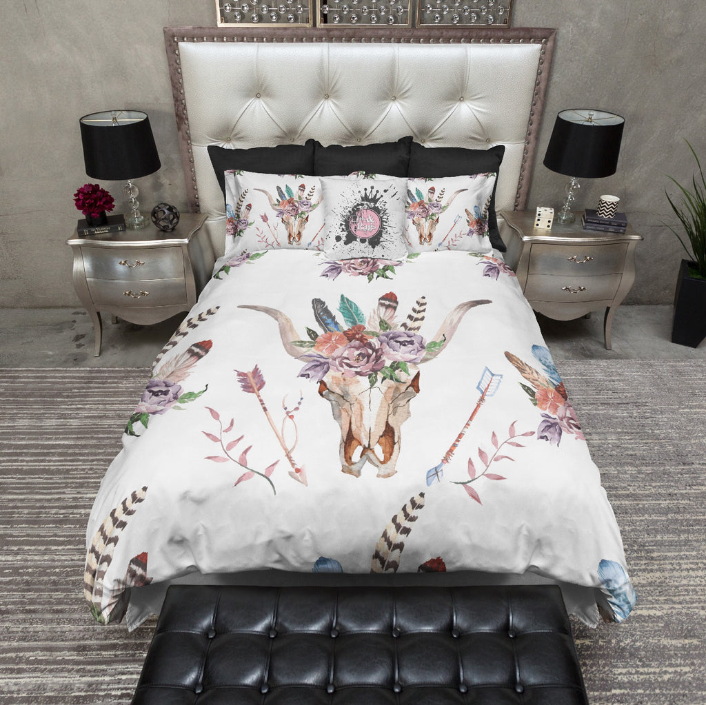 Boho Watercolor Flower Feather Arrow Bull Skull Bedding Collection