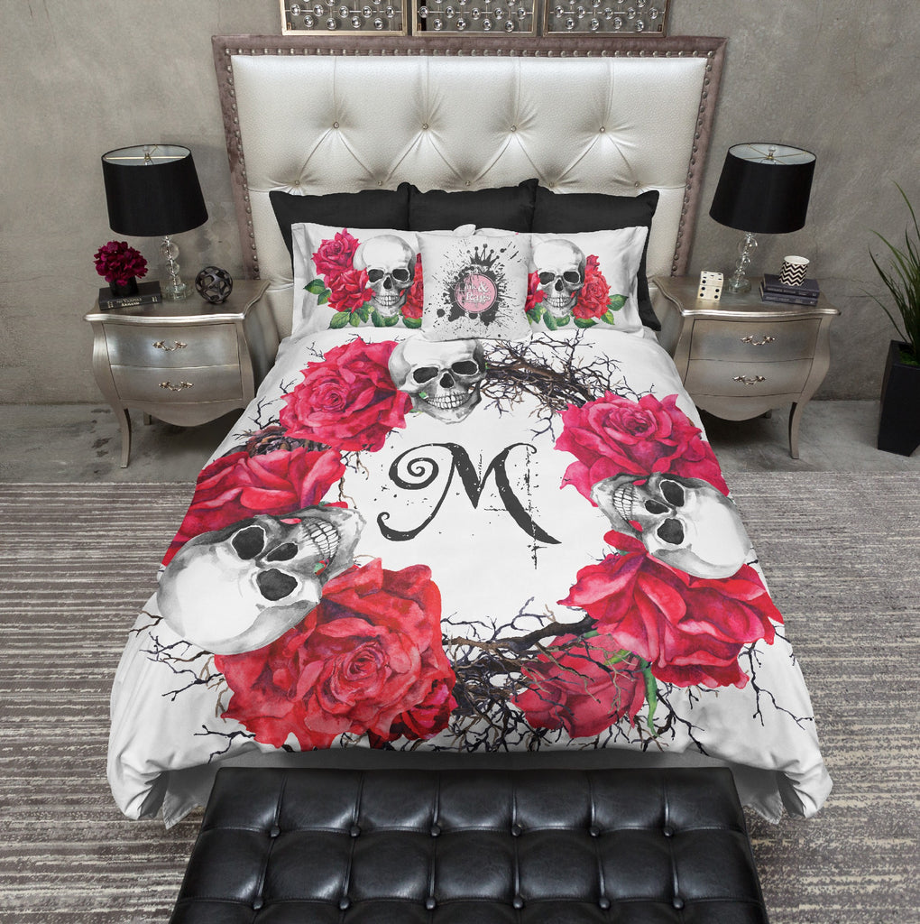 Personalized Red Rose Wreath Skull Bedding Collection