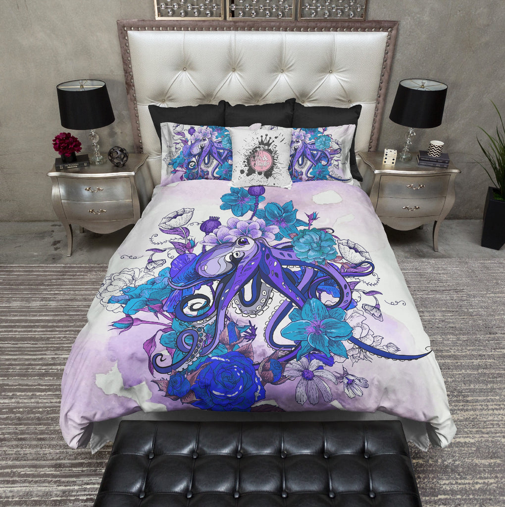 Purple and Teal  Octopus and Flowers Bedding Collection