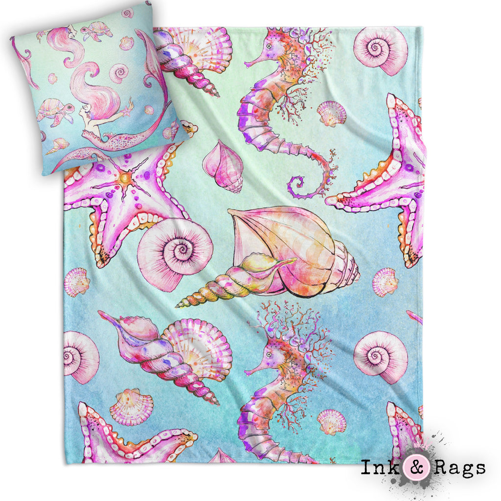 Siren of the Sea Watercolor Mermaid Decorative Throw and Pillow Cover Set