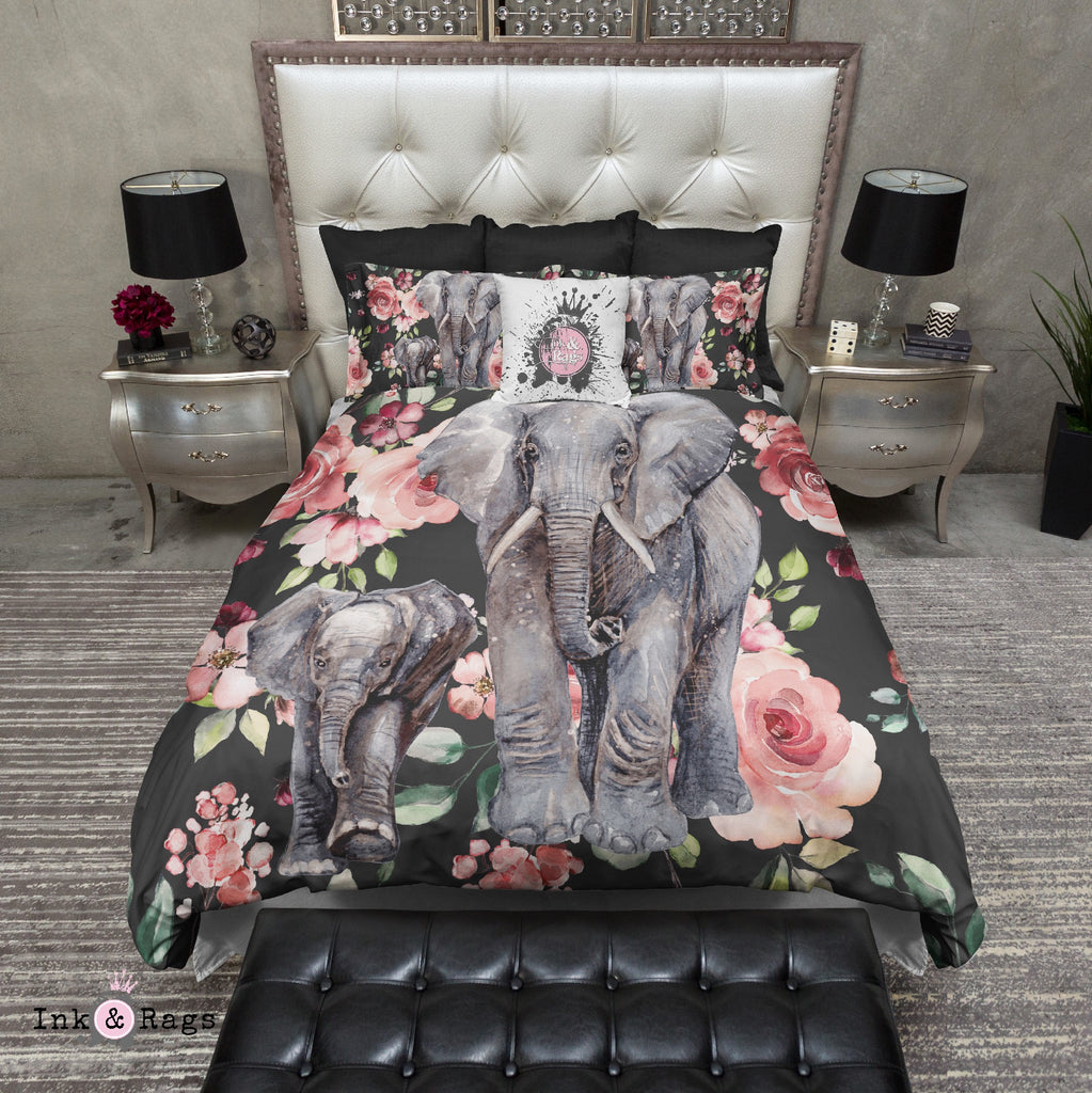 Dark Pink Rose Mama and Baby Elephant Bedding Collection