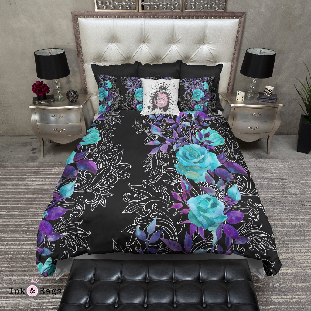 Turquoise and Purple Rose with Hand Drawn Scroll Work Bedding Collection