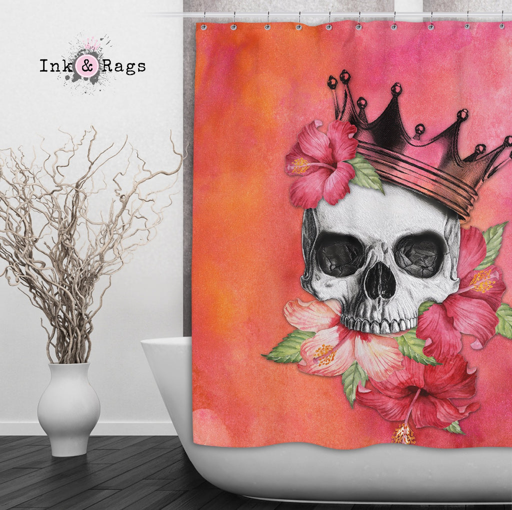 Hibiscus Watercolor Skull Crown Shower Curtains and Optional Bath Mats