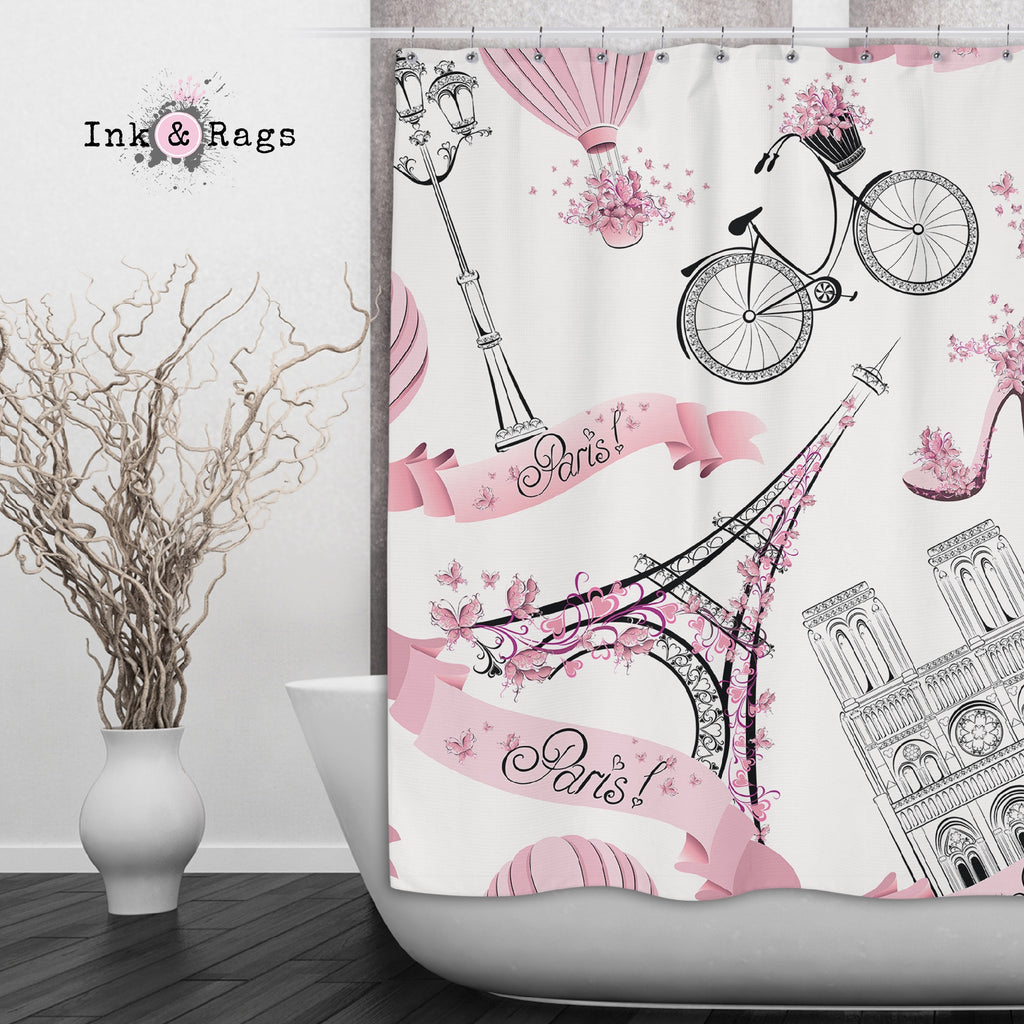 Whimsy in Paris Pink Shower Curtains and Optional Bath Mats