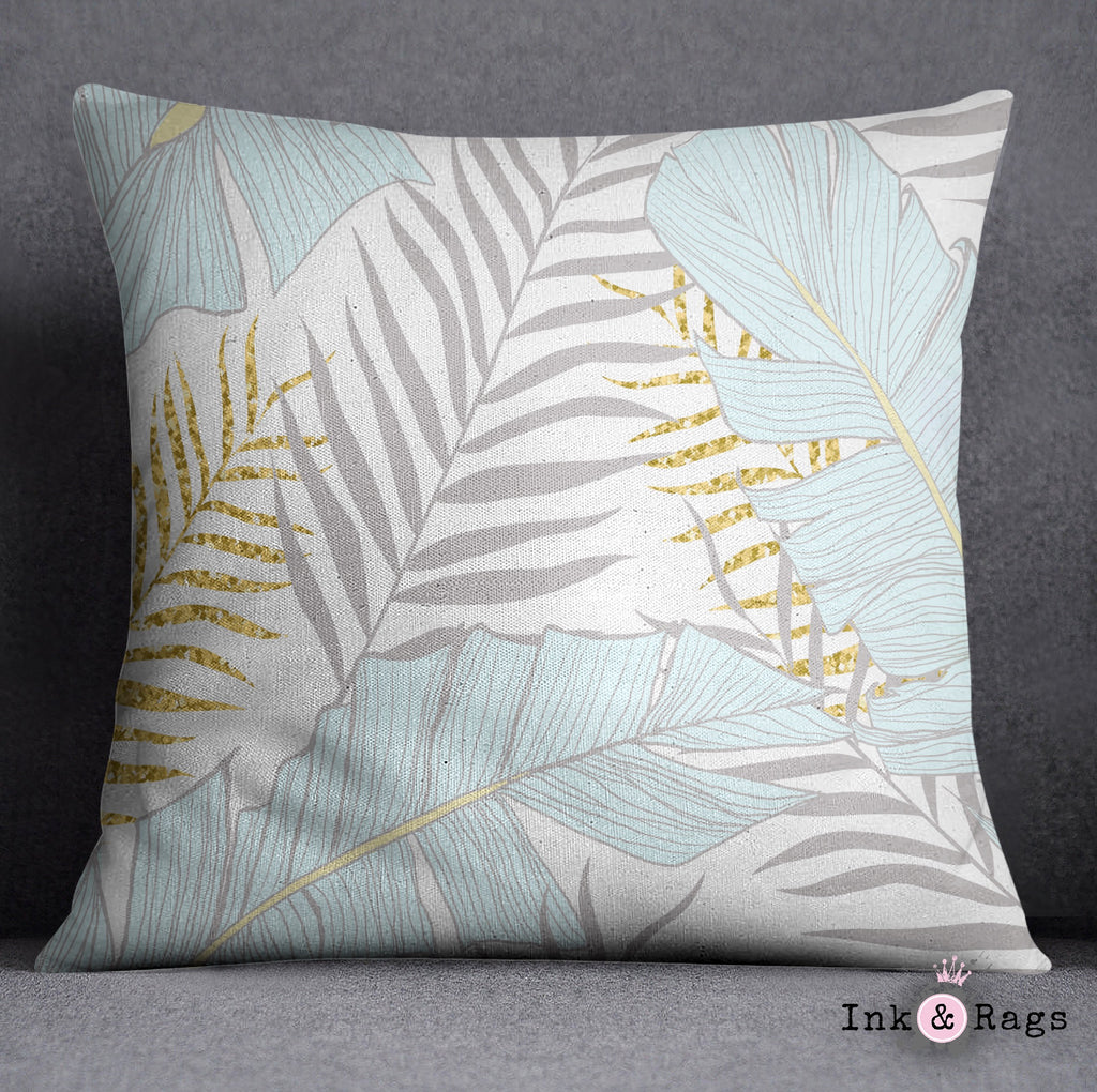 Powder and Gold Palm and Banana Leaf Throw Pillow