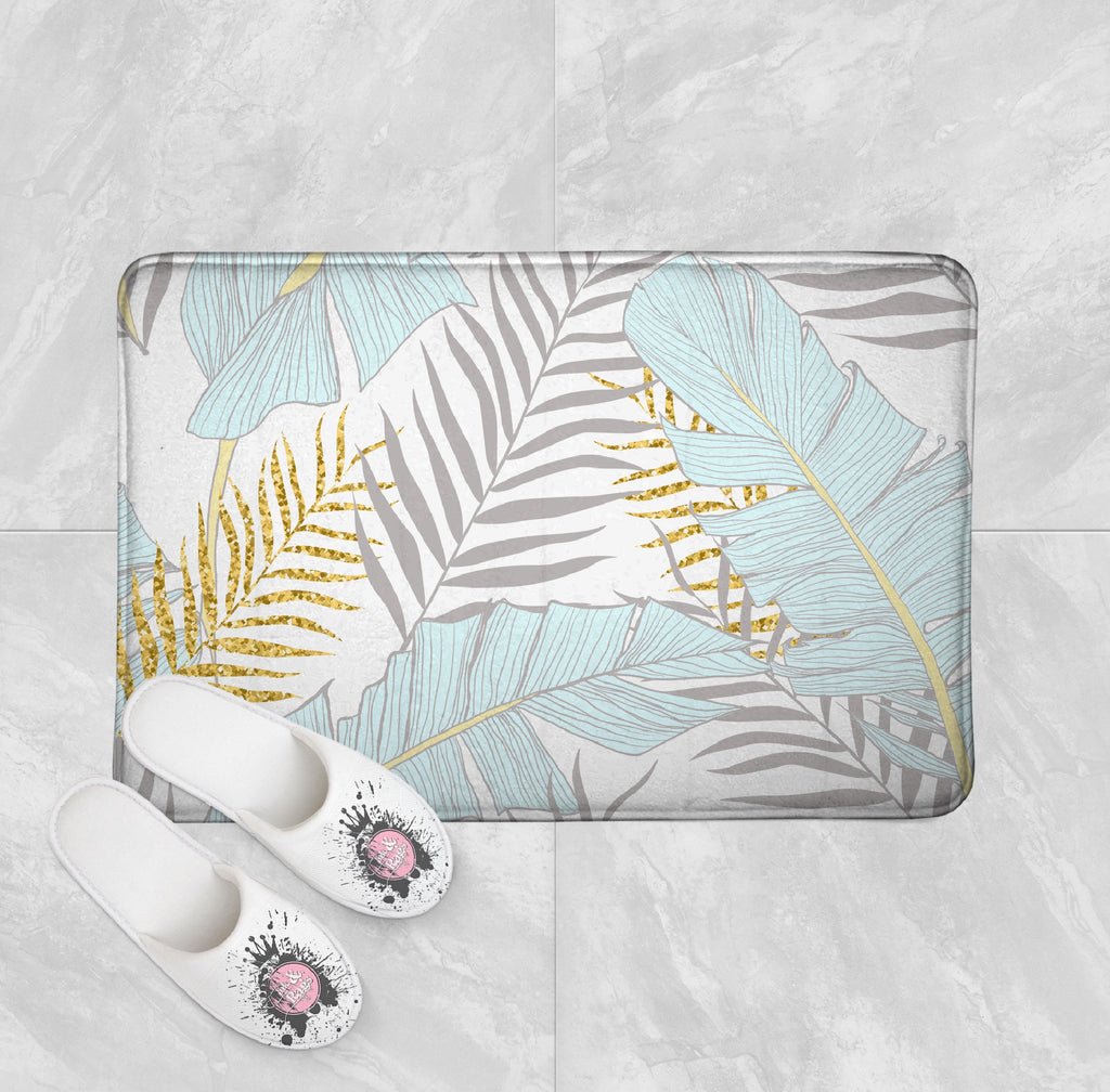 Powder and Gold Palm and Banana Leaf Shower Curtains and Optional Bath Mats