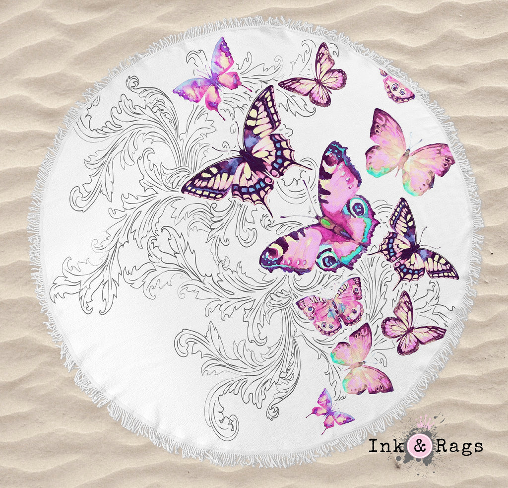 Watercolor Butterfly and Hand Drawn Leaf Round Beach Towel