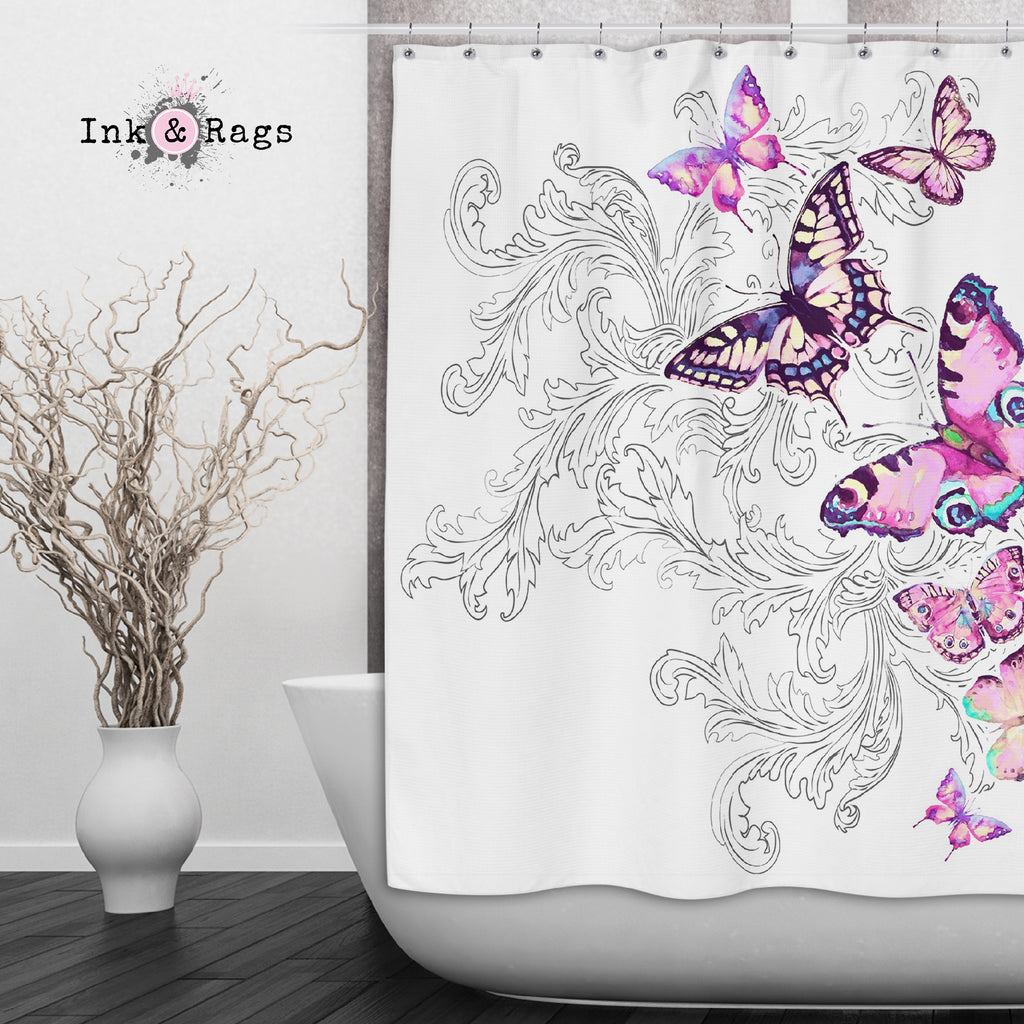 Watercolor Butterfly and Hand Drawn Leaf Shower Curtains and Optional Bath Mats